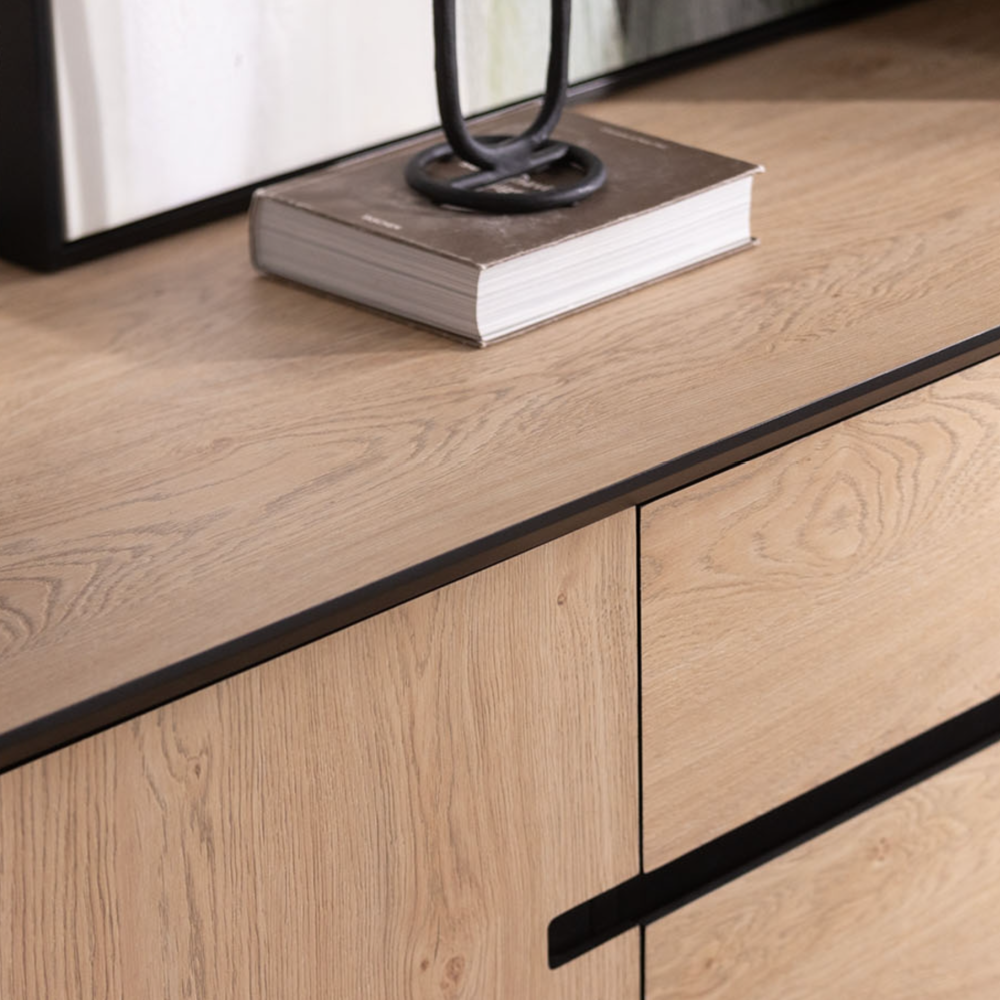 Jaxon Wide Sideboard with HPL Oak Finish & Black Metal Frame