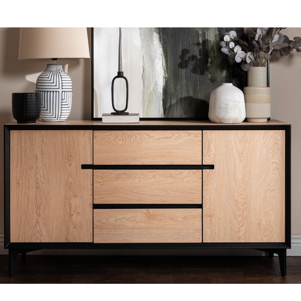 Jaxon Wide Sideboard with HPL Oak Finish & Black Metal Frame