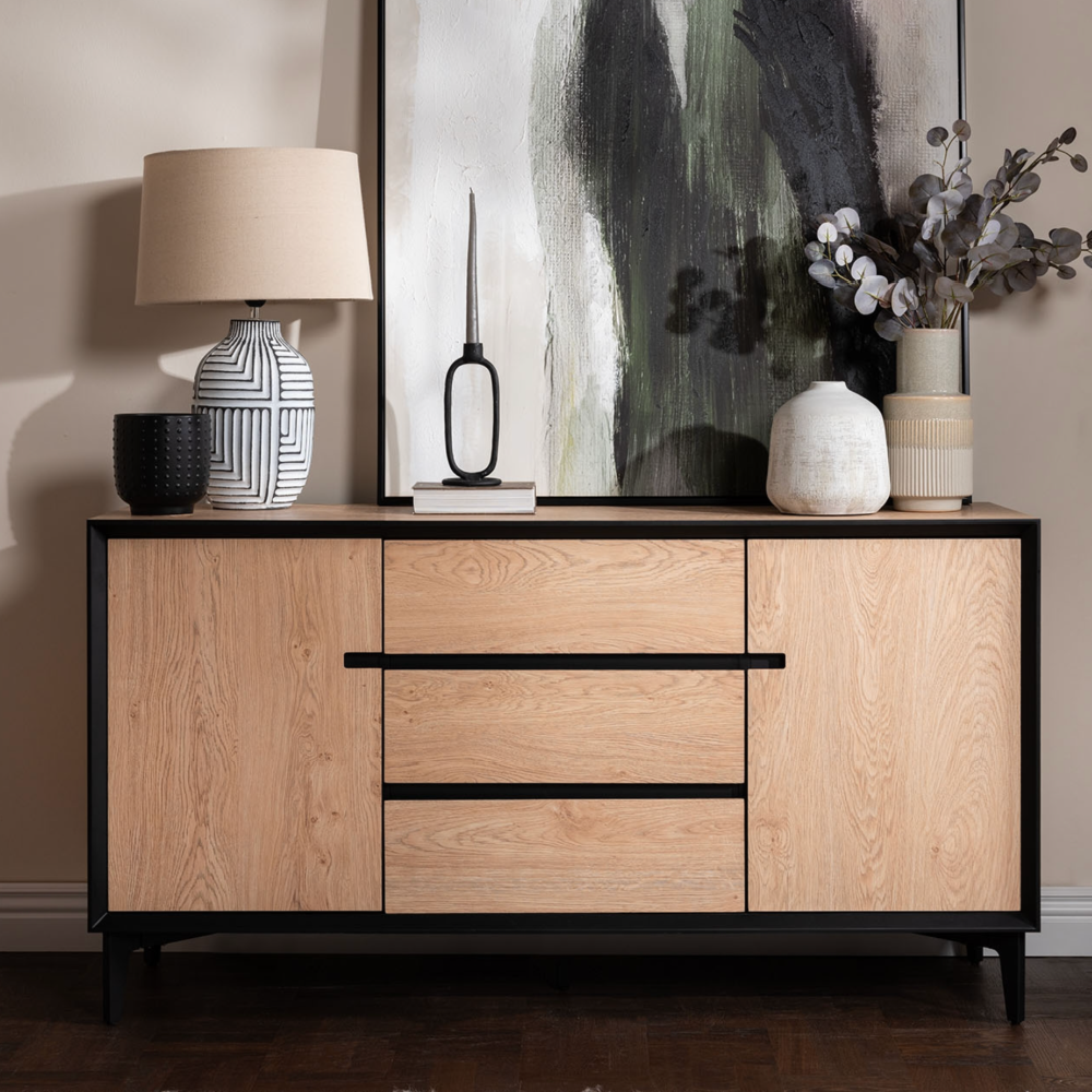 Jaxon Wide Sideboard with HPL Oak Finish & Black Metal Frame