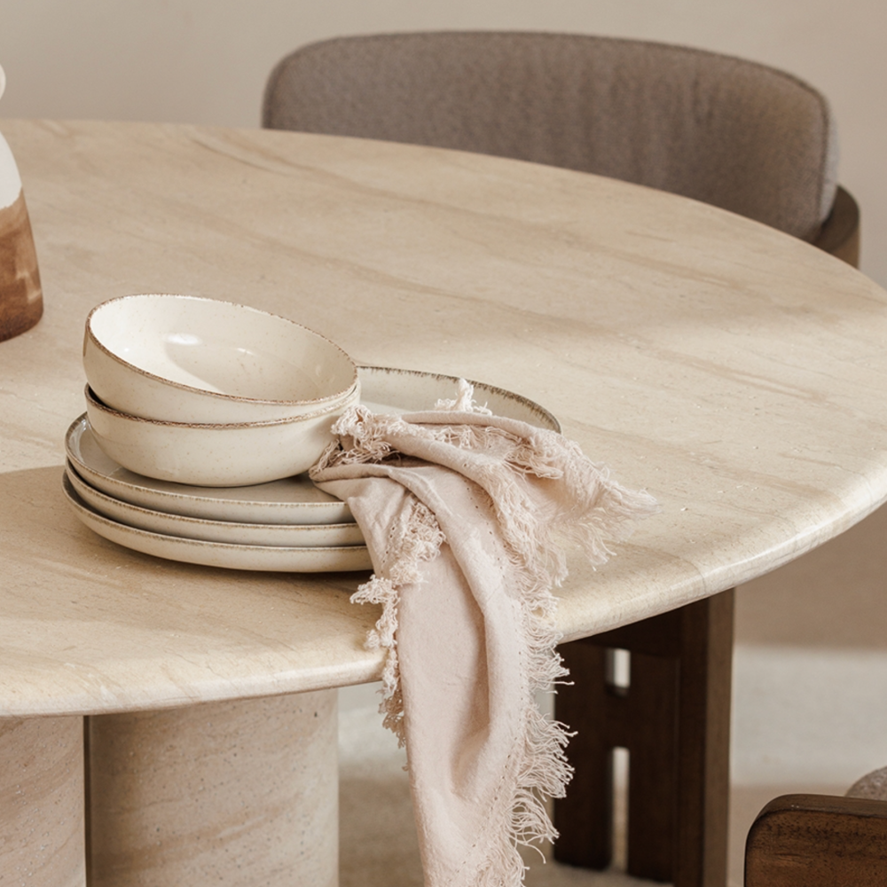 Ida Travertine Stone Round Dining Table with Cylindrical Legs