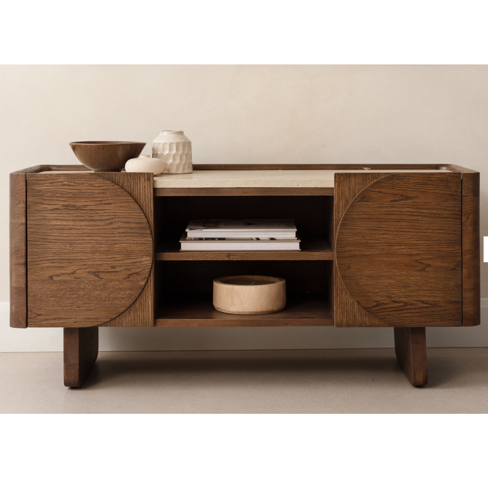 Ida Walnut Finish TV Unit with Travertine Stone Top