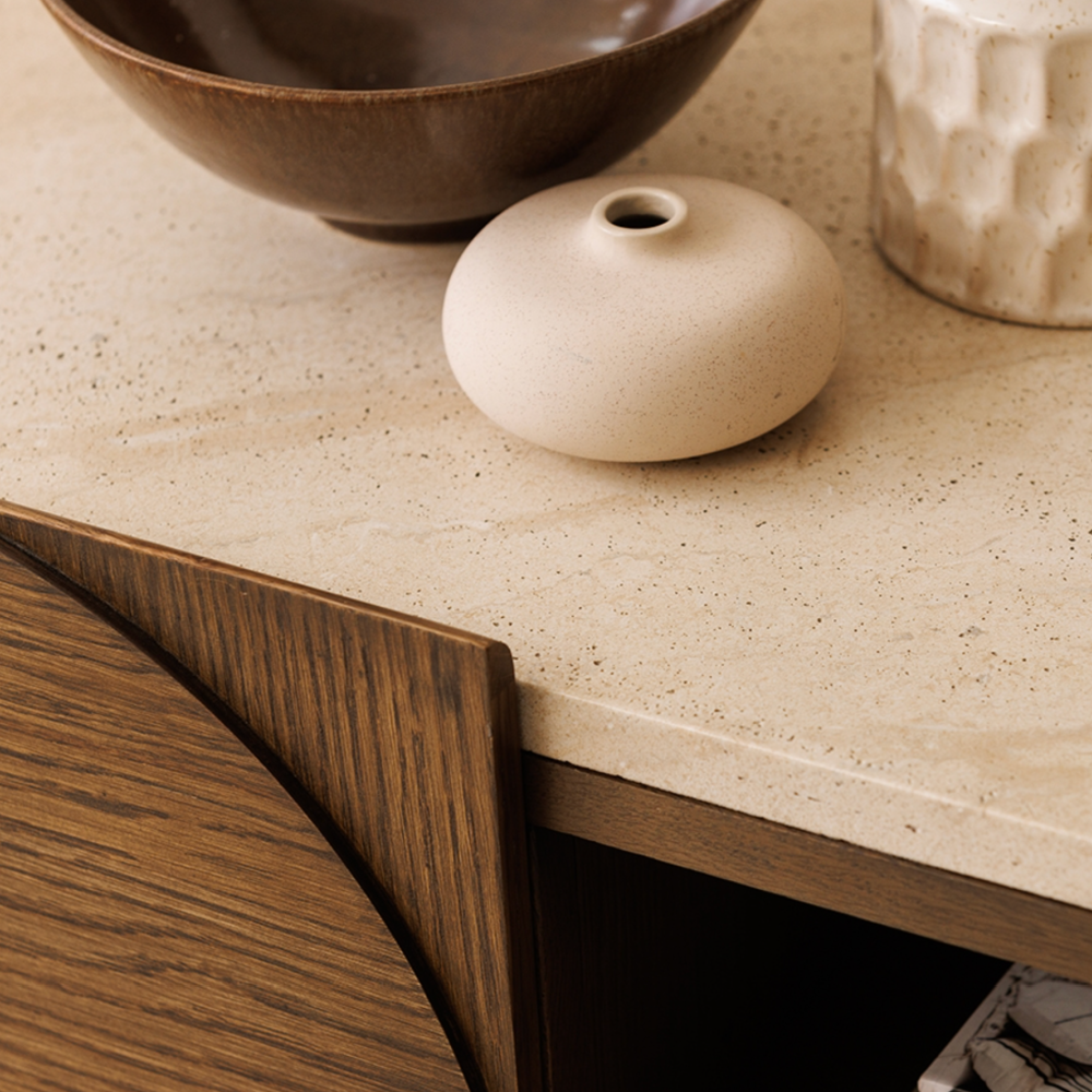 Ida Walnut Finish TV Unit with Travertine Stone Top