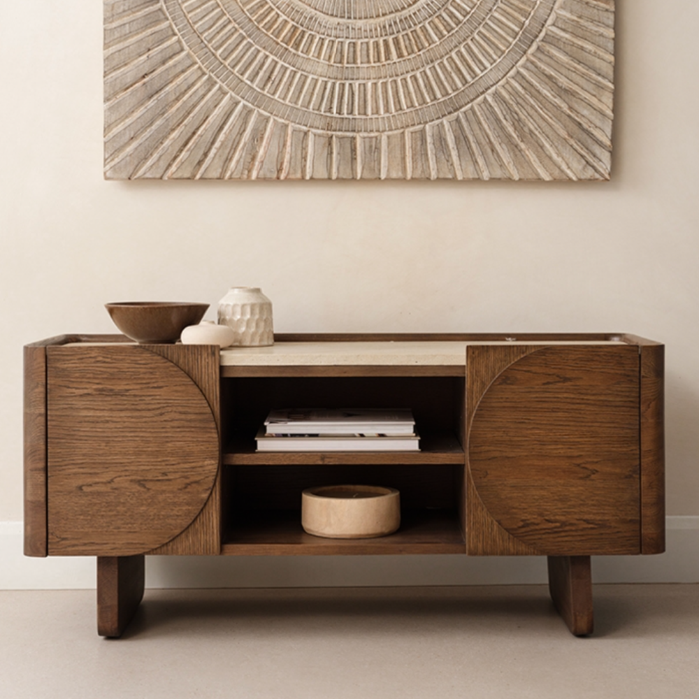 Ida Walnut Finish TV Unit with Travertine Stone Top