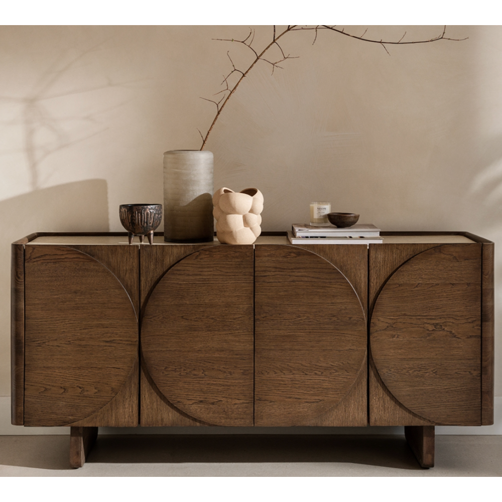 Ida Walnut Finish Wide Sideboard with Travertine Stone Top