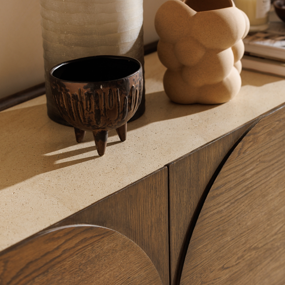 Ida Walnut Finish Wide Sideboard with Travertine Stone Top