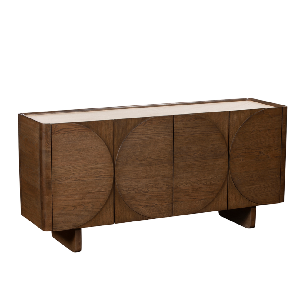 Ida Walnut Finish Wide Sideboard with Travertine Stone Top