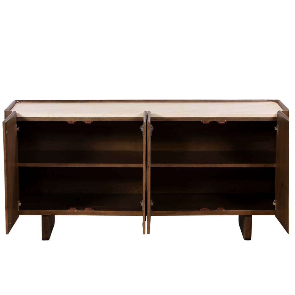 Ida Walnut Finish Wide Sideboard with Travertine Stone Top