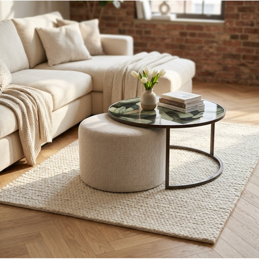 Savanna Leaf Coffee Table & Nesting Pouffe