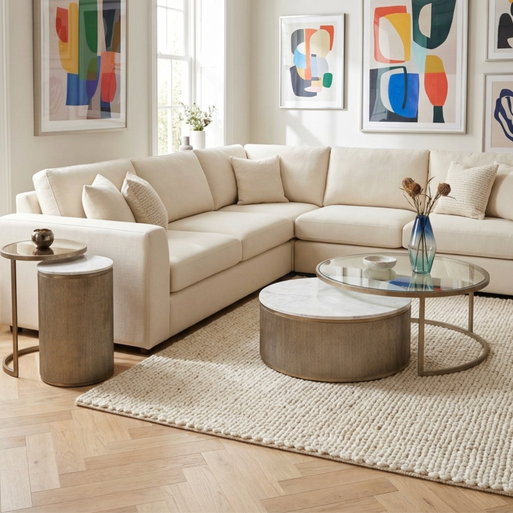 Belvedere Aged Gold Set of 2 Nesting Coffee Tables with Marble and Tinted Glass