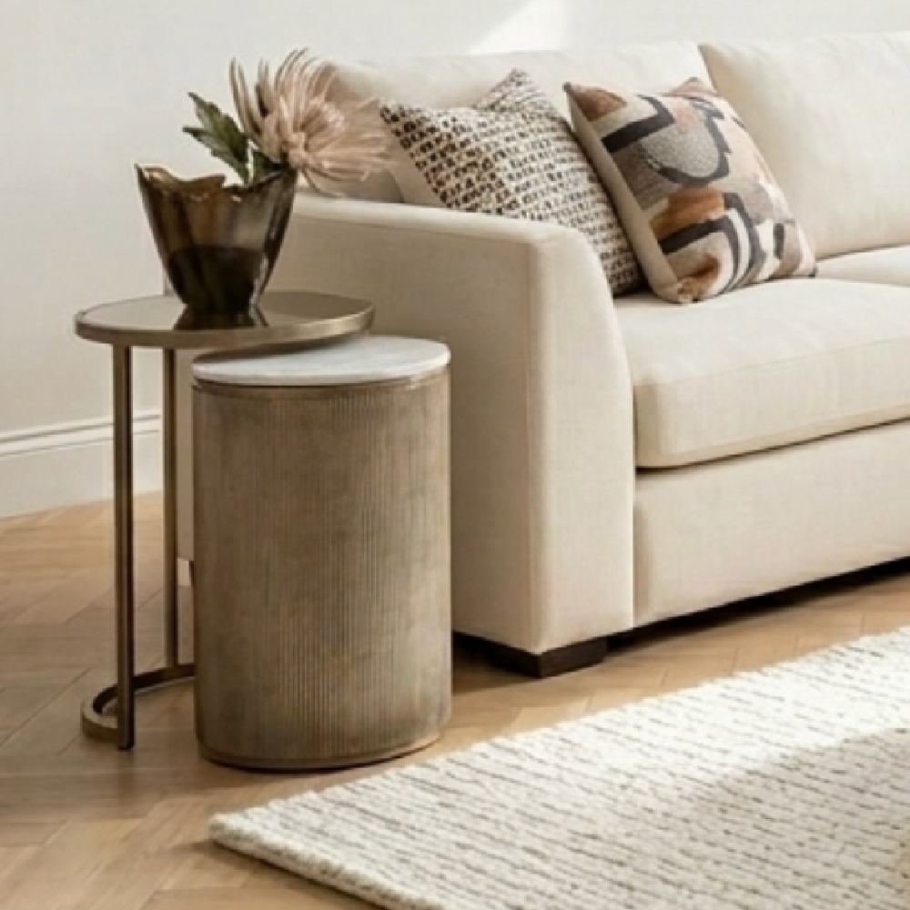 Belvedere Aged Gold Set of 2 Nesting Coffee Tables with Marble and Tinted Glass