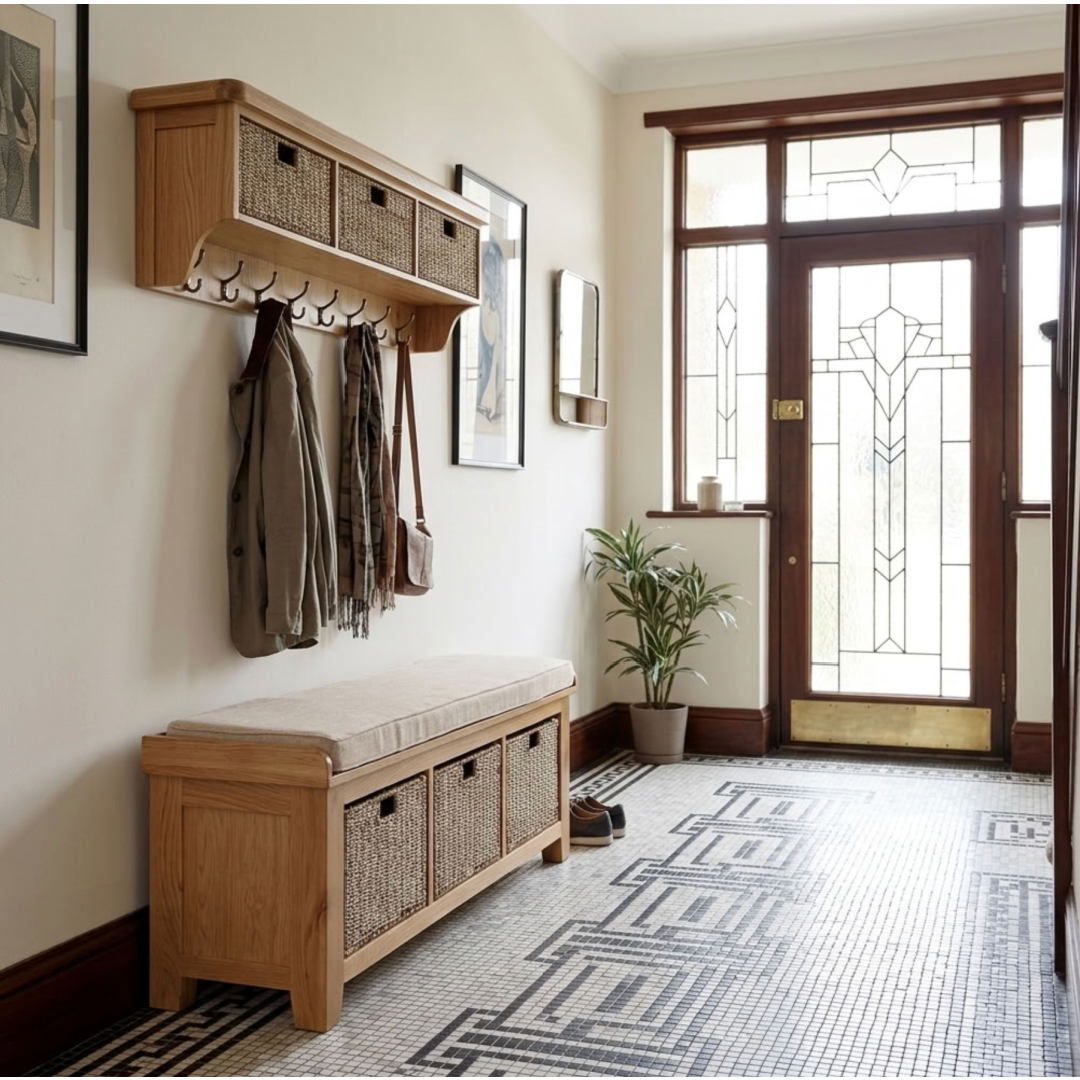 Oak Hall Bench with Baskets with options top rack