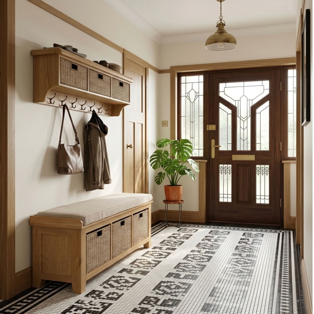Oak Hall Bench with Baskets with options top rack