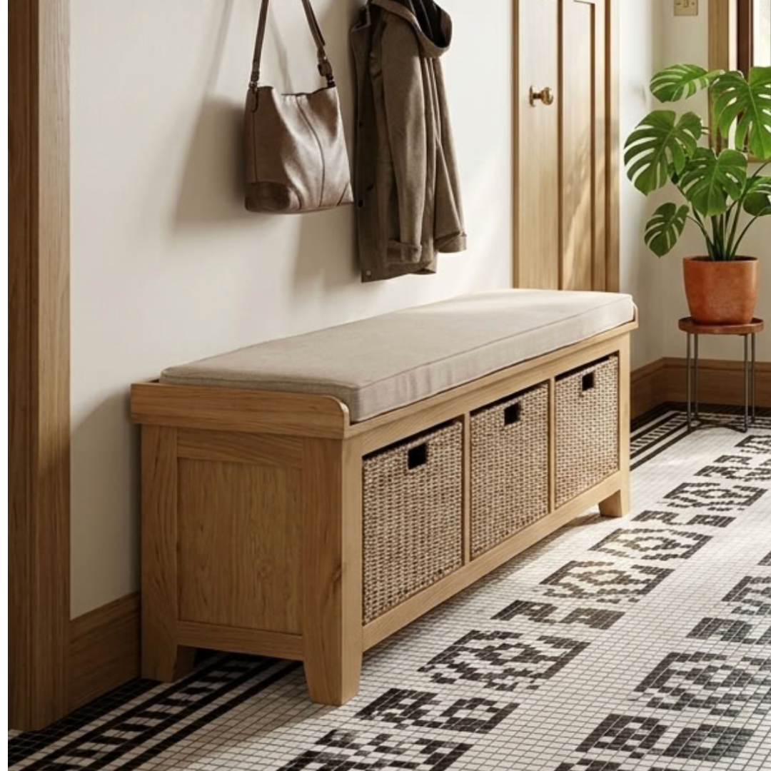 Oak Hall Bench with Baskets with options top rack