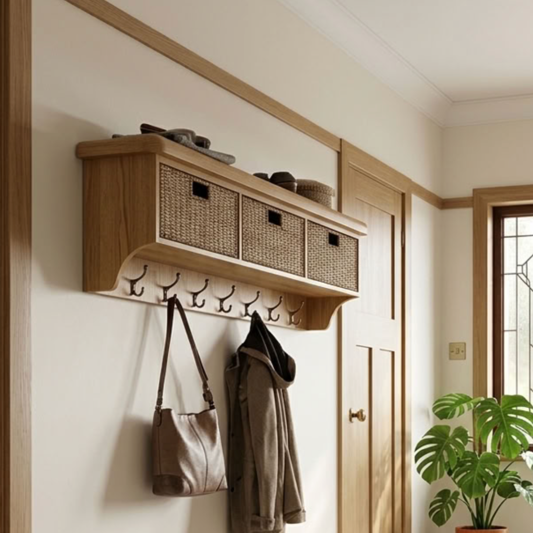 Oak Hall Bench with Baskets with options top rack