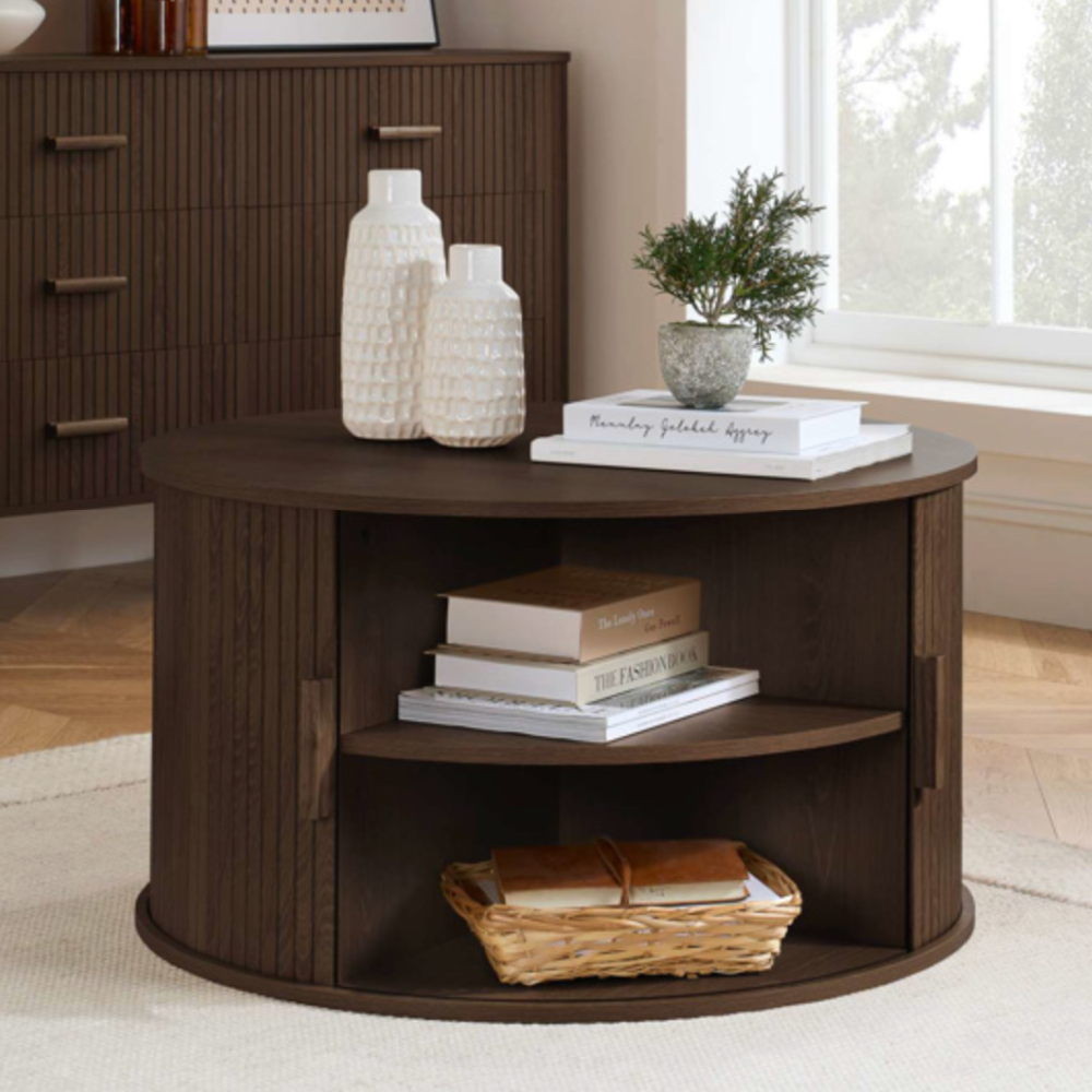 AXEL ROUND FLUTED COFFEE TABLE WITH STORAGE WALNUT