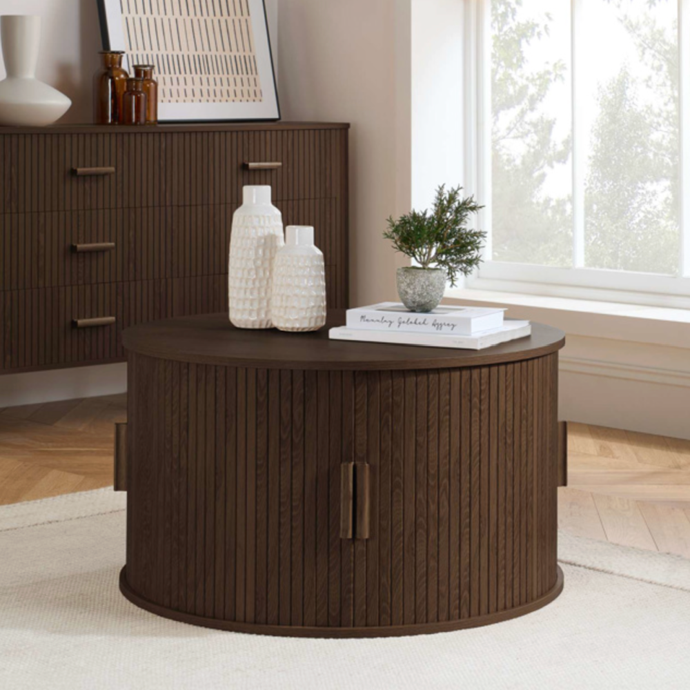AXEL ROUND FLUTED COFFEE TABLE WITH STORAGE WALNUT