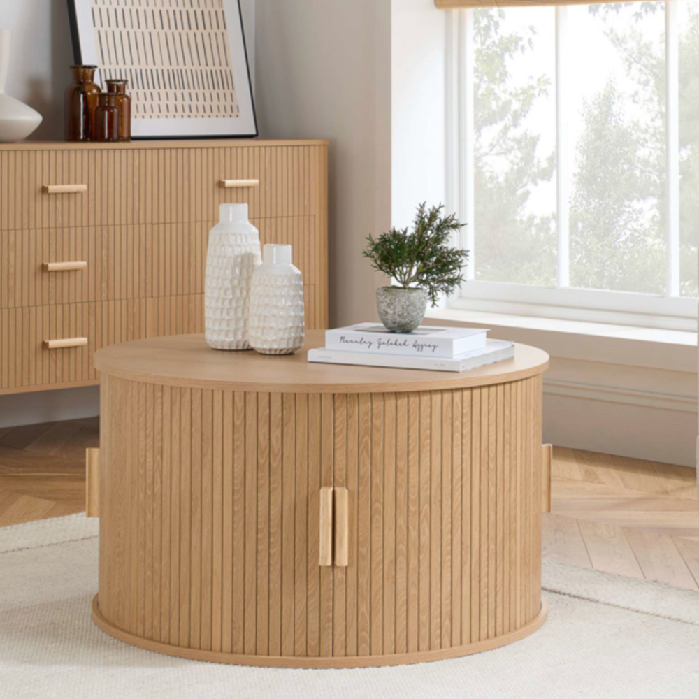 AXEL ROUND FLUTED COFFEE TABLE WITH STORAGE OAK