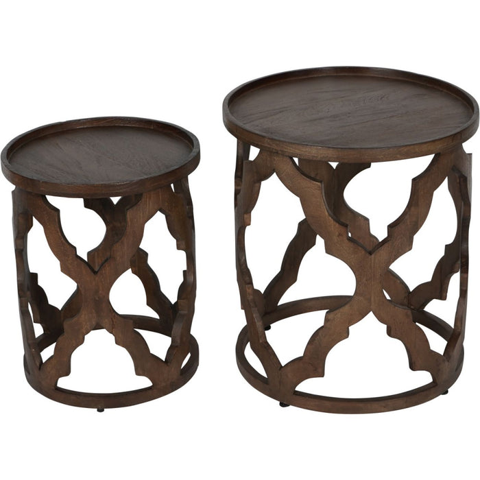 Kielder Solid Carved Wooden Set of 2 Nesting Side Tables in Dark Brown