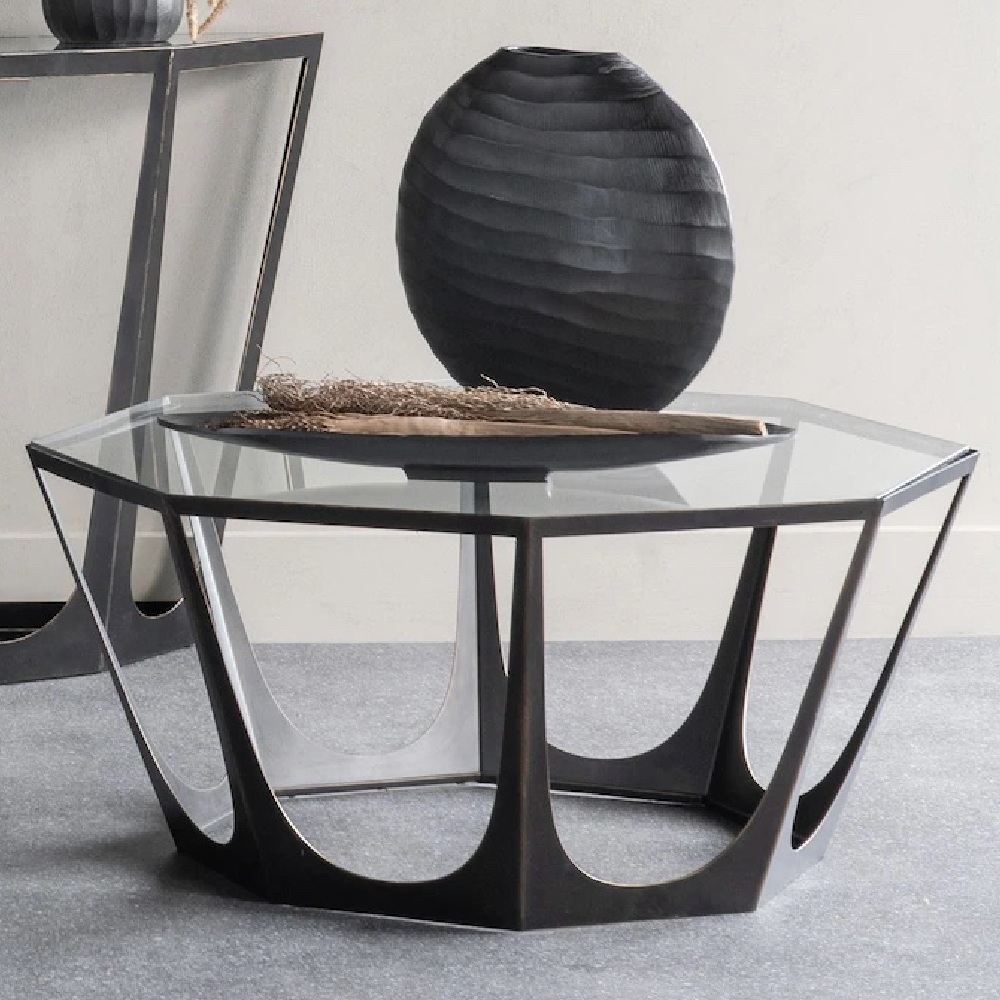 Libra Interiors Catalan Bronze Gilded Glass Top Round Coffee Table