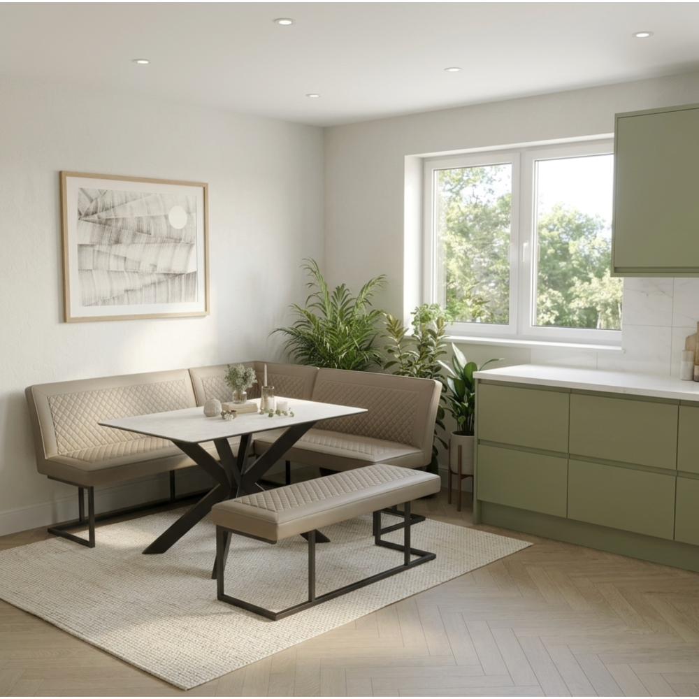 Apollo Taupe Corner Bench Set RHS Facing  with Apollo Sand Ceramic Table