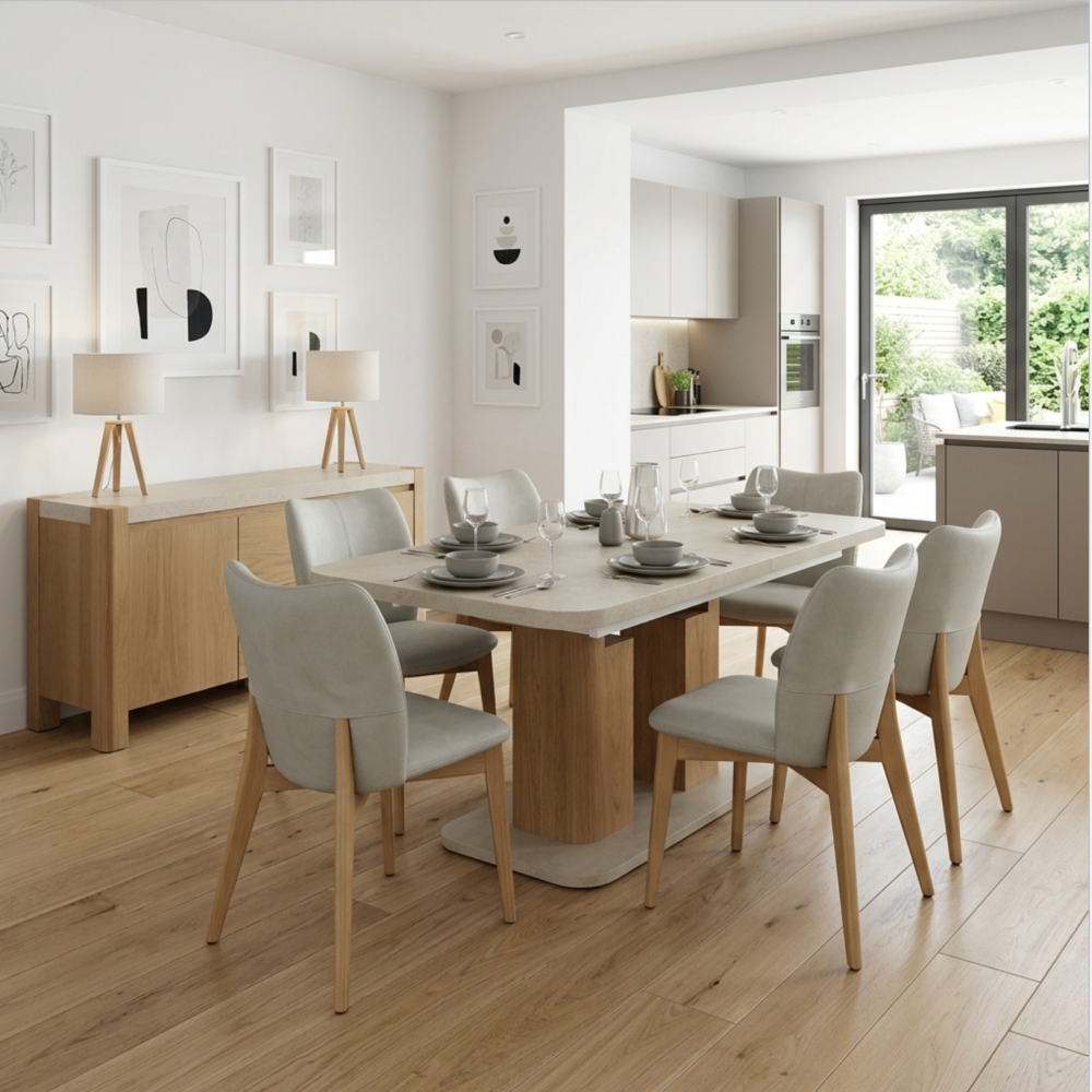 Arlo Natural Oak 160-200cm Extending Dining Table with Travertine Ceramic Top