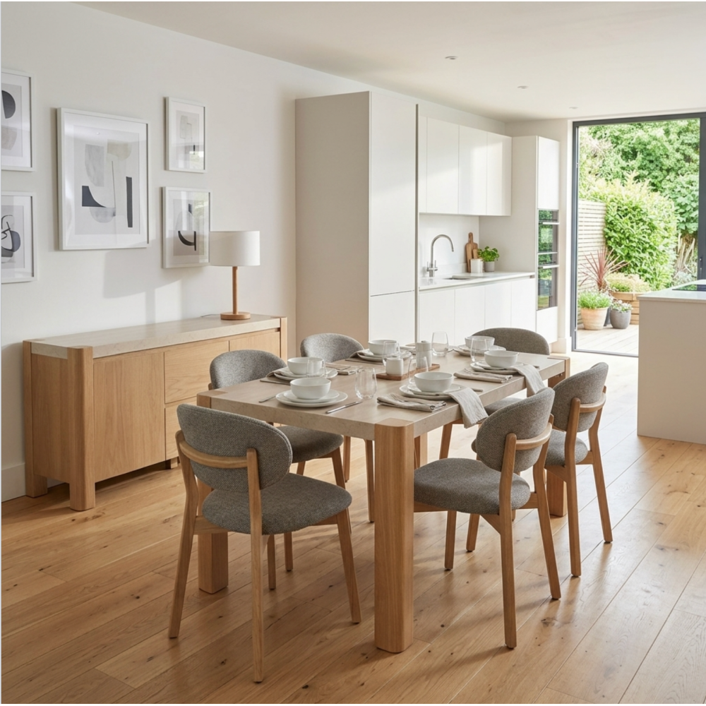 Arlo Natural Oak 140cm Dining Table with Travertine Ceramic Top