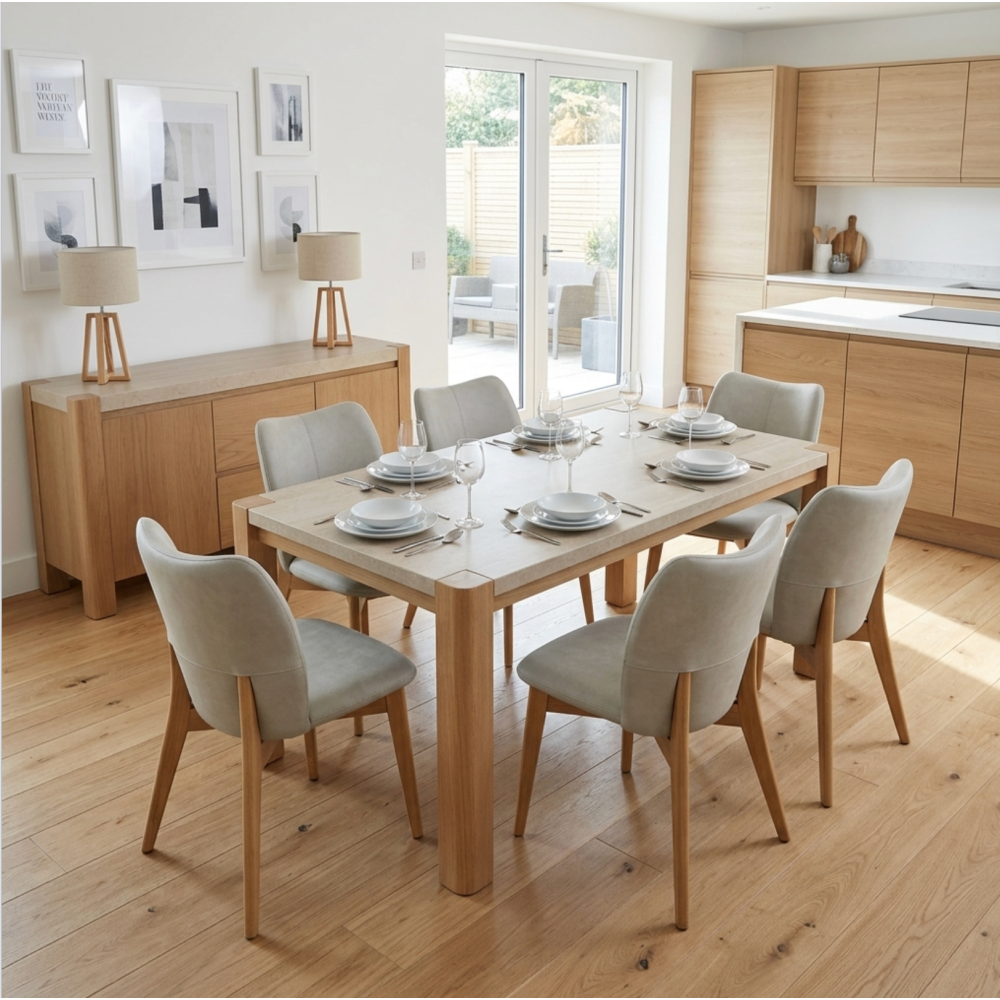 Arlo Natural Oak 140cm Dining Table with Travertine Ceramic Top