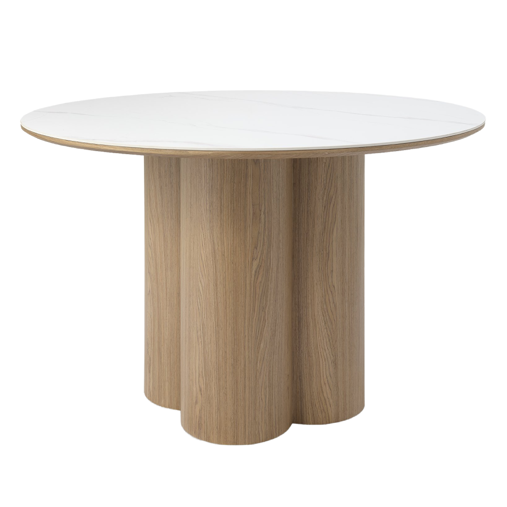 Warren Matt White Sintered Stone 4 Seater Table with Oak Veneer Pedestal