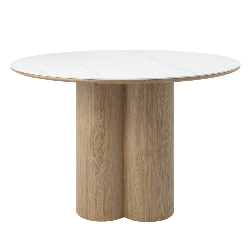 Warren Matt White Sintered Stone 4 Seater Table with Oak Veneer Pedestal