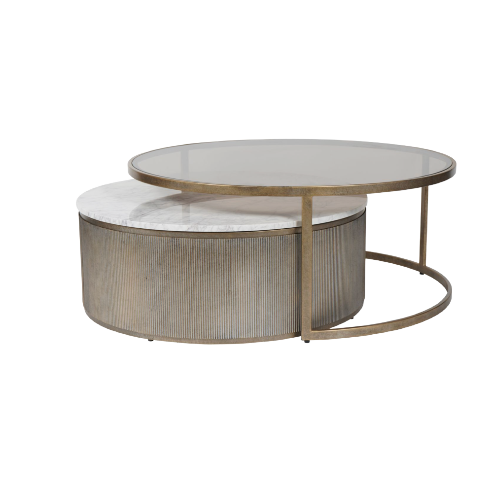 Belvedere Aged Gold Set of 2 Nesting Coffee Tables with Marble and Tinted Glass