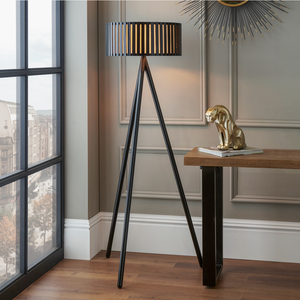 Rabanne Slatted Black Wood Tripod Floor Lamp