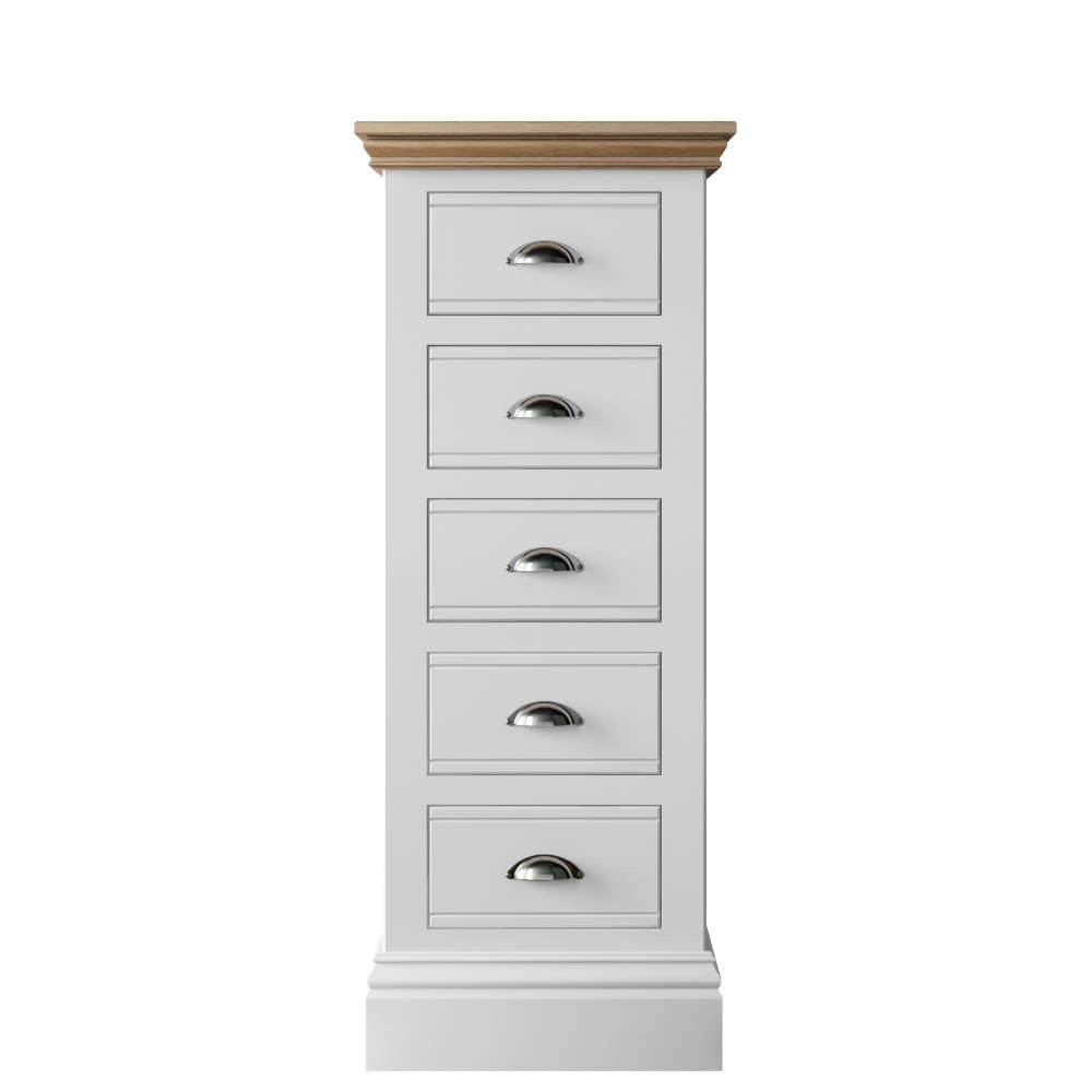 New England Bedroom Oak Top 5 Drawer Narrow Chest