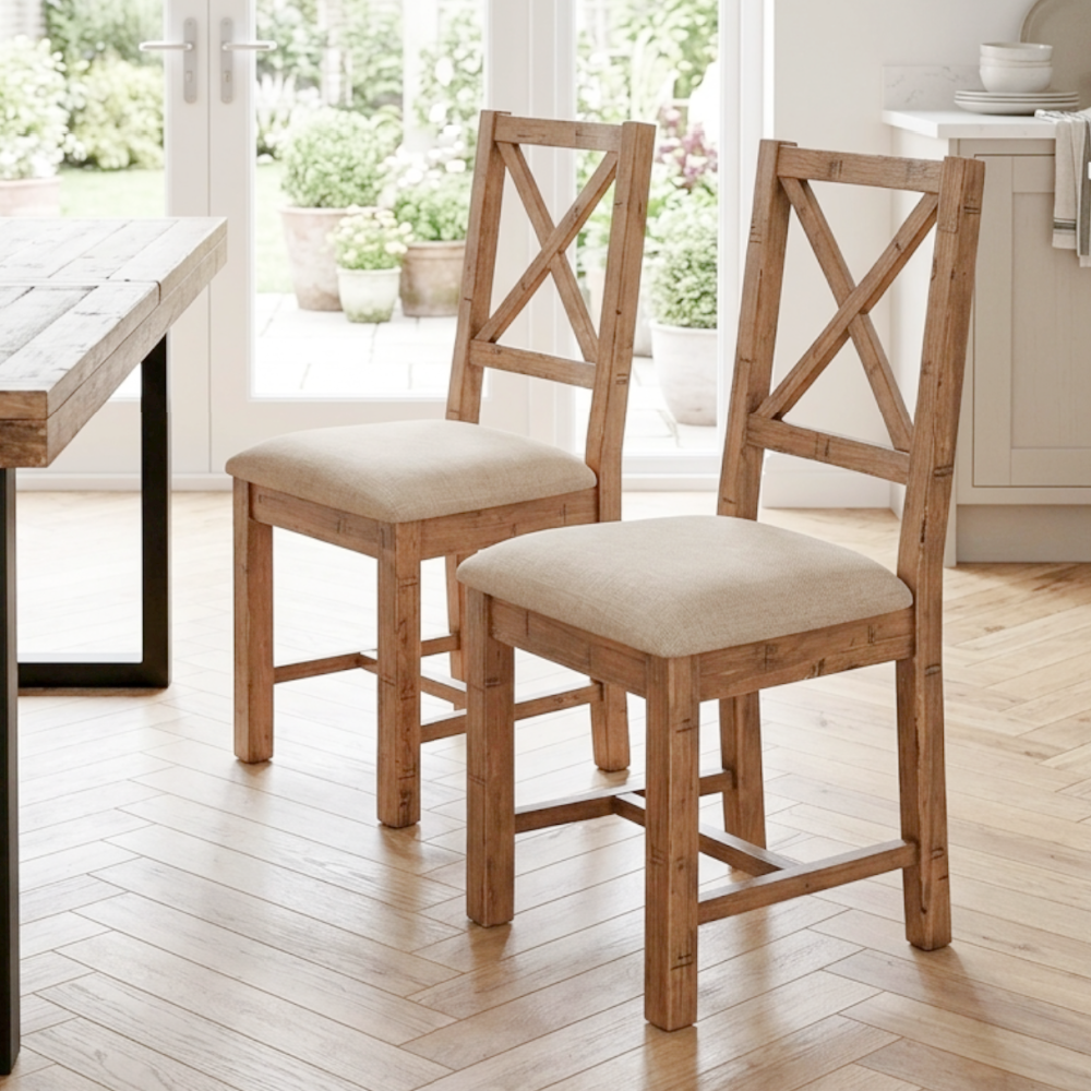 Nixon  Reclaimed Cross Back Dining Chair With Fabric Seat set of 2