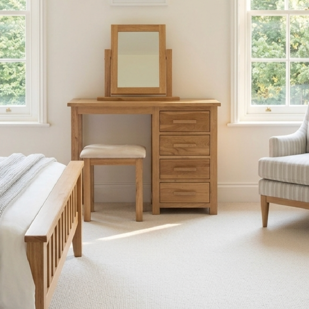 Opus Solid Oak Single Pedestal Dressing Table with stool