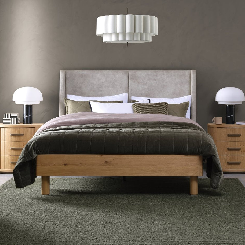Vega Knotty Oak & Weathered Oak Pearl Velvet Fabric Super King Bed Frame 180cm