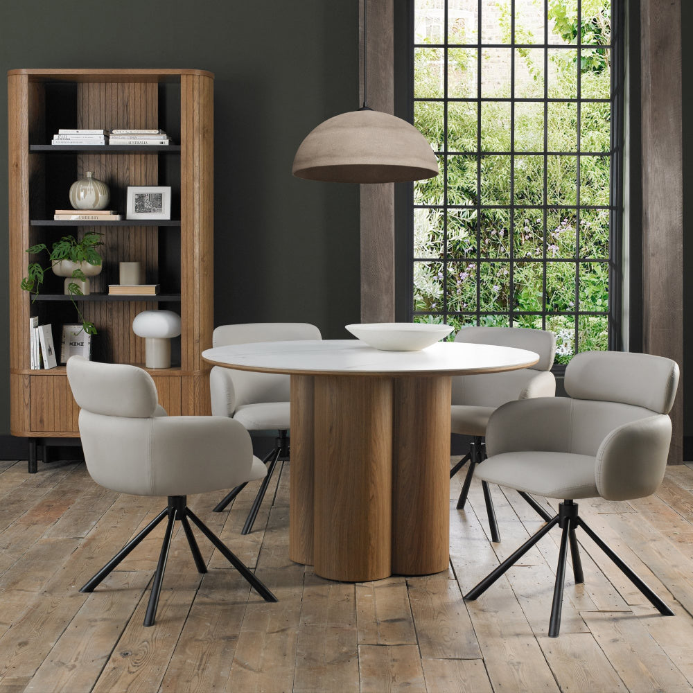 Warren Matt White Sintered Stone 4 Seater Table with Oak Veneer Pedestal