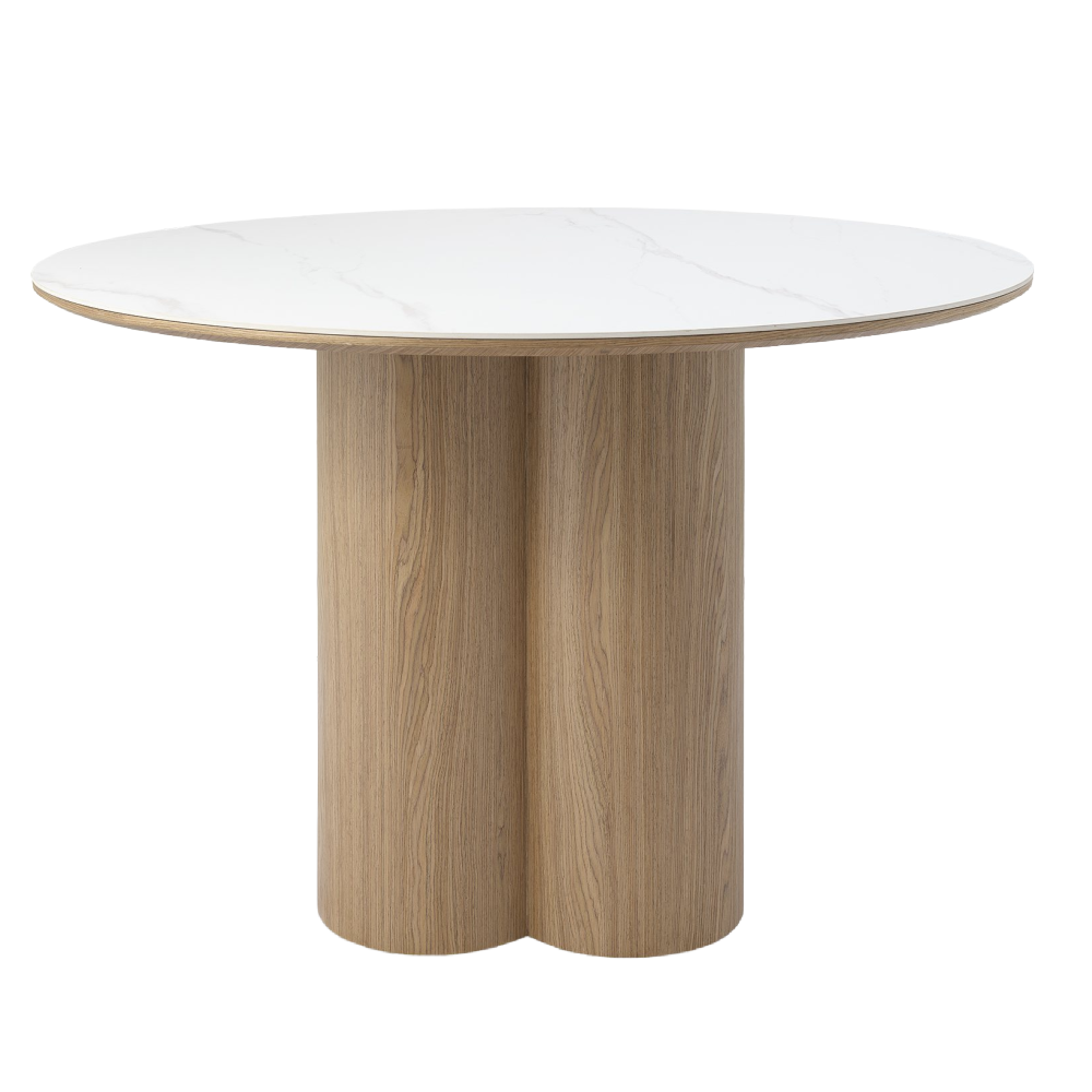 Warren Matt White Sintered Stone 4 Seater Table with Oak Veneer Pedestal