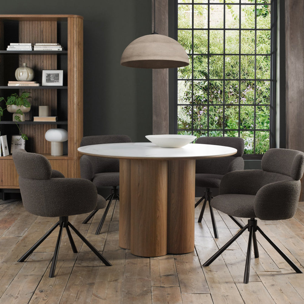 Warren Matt White Sintered Stone 4 Seater Table with Oak Veneer Pedestal