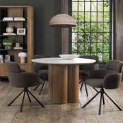 Warren Matt White Sintered Stone 4 Seater Table with Oak Veneer Pedestal