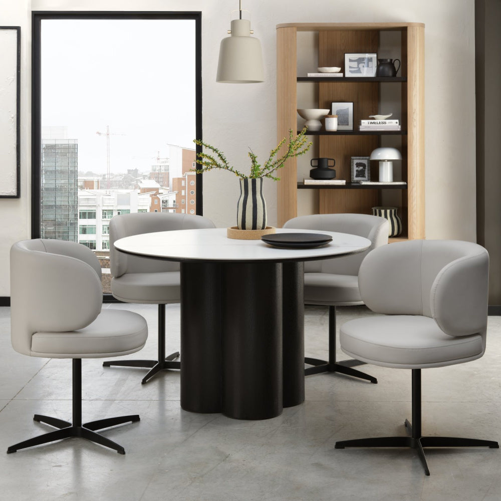 Warren Matt White Sintered Stone 4 Seater Table with Black Oak Veneer Pedesta