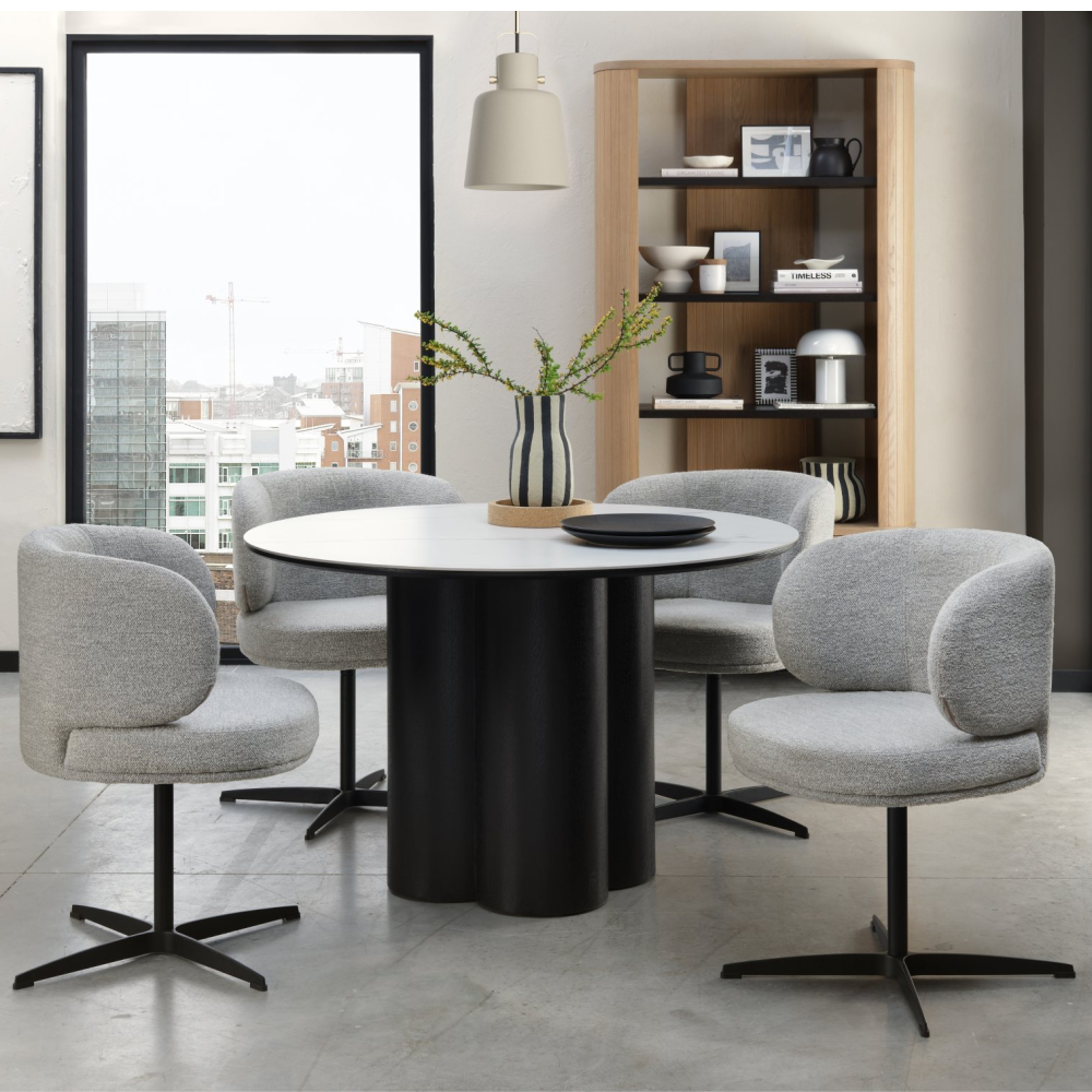 Warren Matt White Sintered Stone 4 Seater Table with Black Oak Veneer Pedesta
