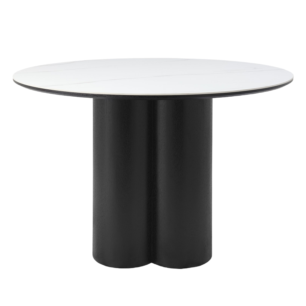 Warren Matt White Sintered Stone 4 Seater Table with Black Oak Veneer Pedesta