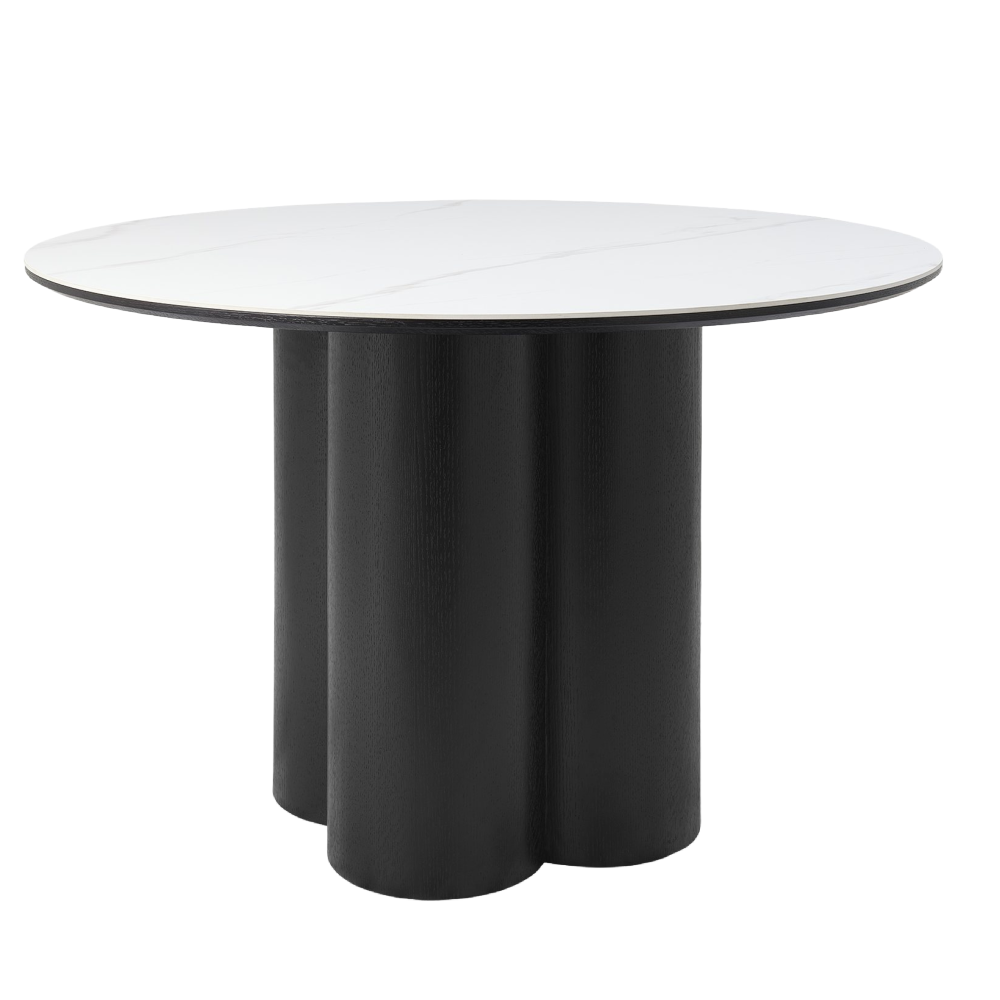 Warren Matt White Sintered Stone 4 Seater Table with Black Oak Veneer Pedesta