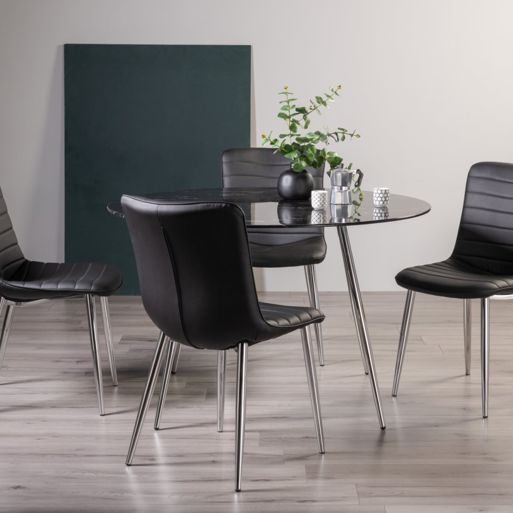 Christo Black Marble Effect Tempered Glass 4 Seater Dining Table with Shiny Nickel Plated Legs