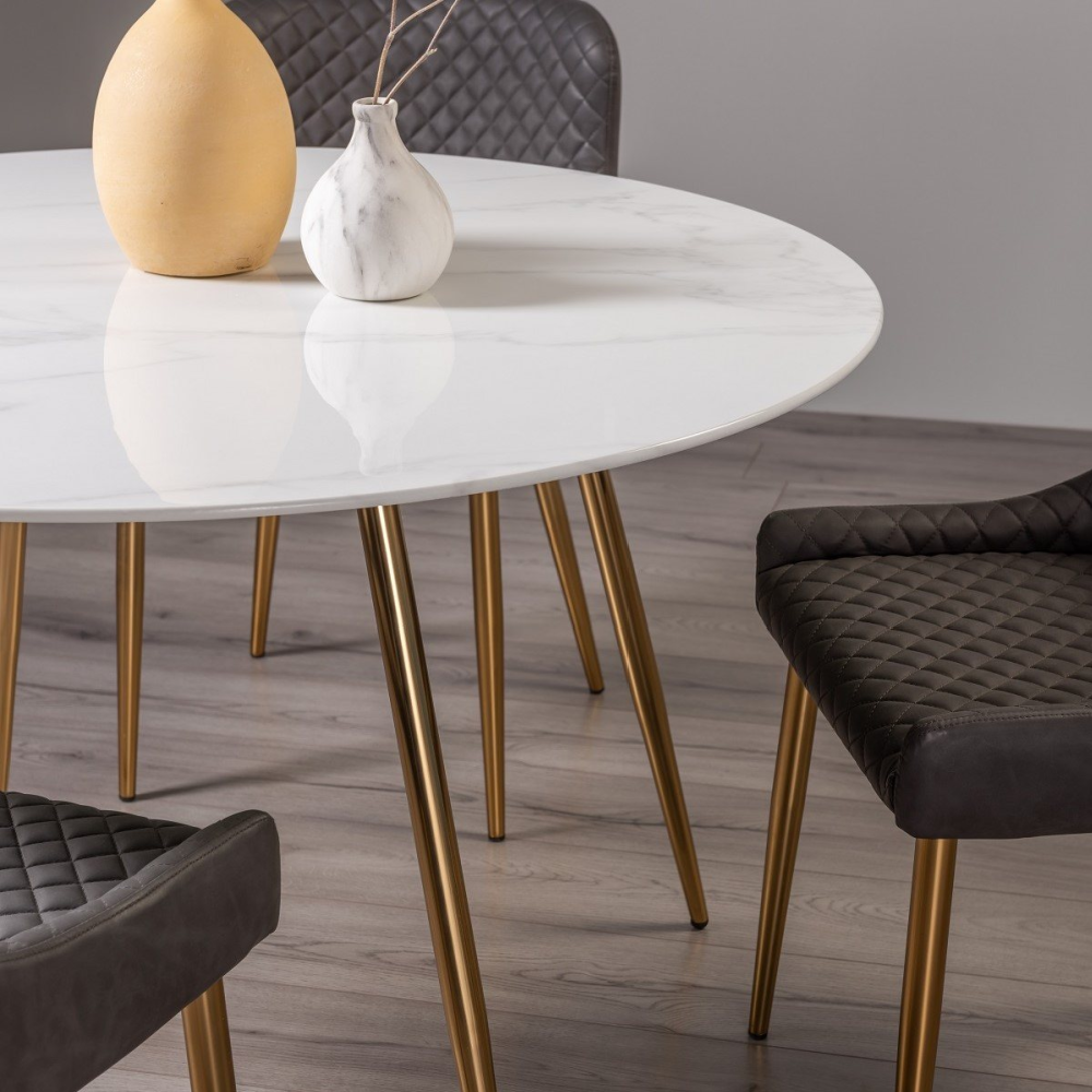 Francesca White Marble Effect Tempered Glass 4 seater Dining Table with Matt Gold Plated Legs