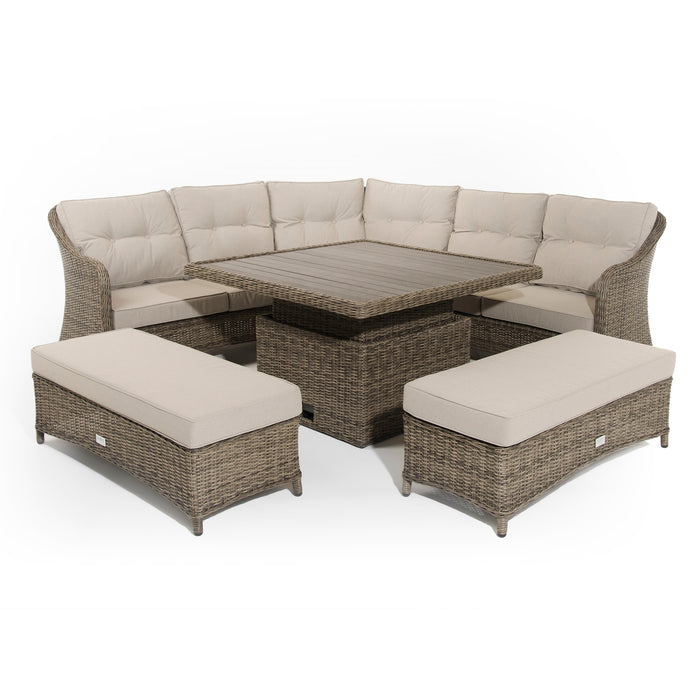 Hazel | Corner Sofa with Rising Table and 2 Benches in Brown Rattan