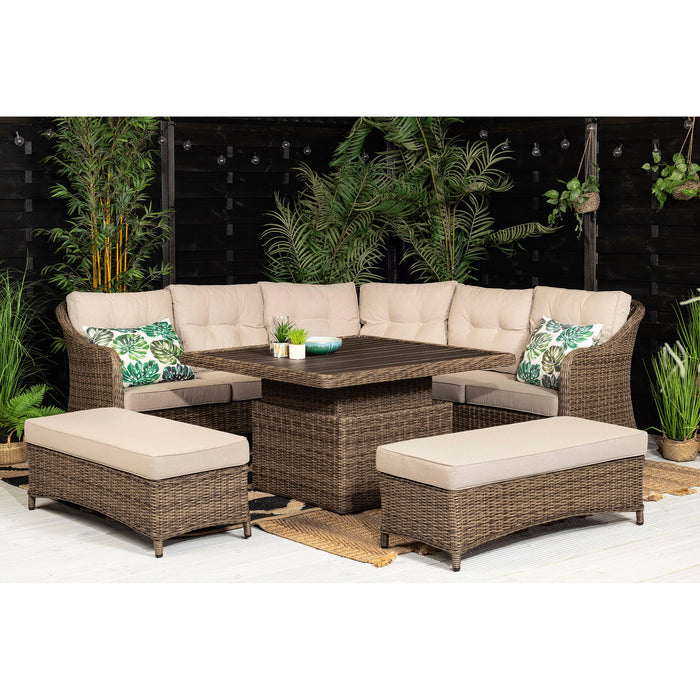 Hazel | Corner Sofa with Rising Table and 2 Benches in Brown Rattan