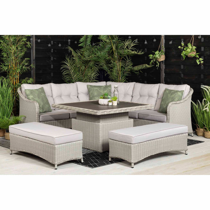Hazel | Corner Sofa with Rising Table and 2 Benches in Grey Rattan