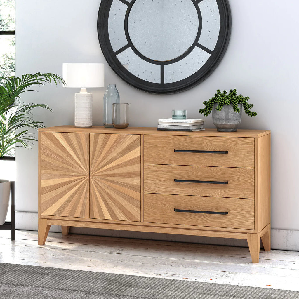 HOMN LIVING Denia Sideboard with 2 Doors and 3 Drawers in Oak Colour, 140  cm (Width) 40 cm (Depth) 76 cm (Height)