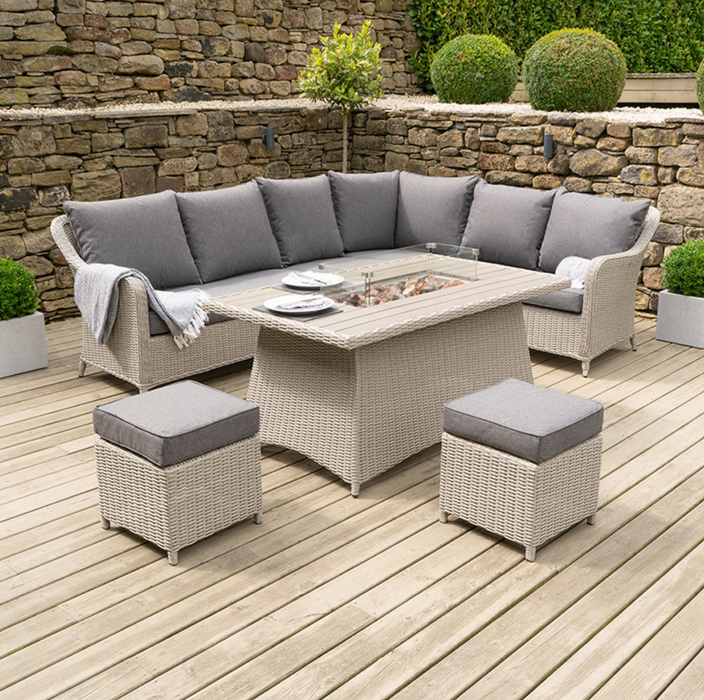 Stone Grey Antigua 6 Seater Round Dining Set with Ceramic Top and Fire Pit